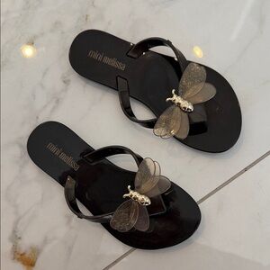 Mini Melissa Black Sandals with Gold Insect Accent Kids Like New Worn Once 11 US